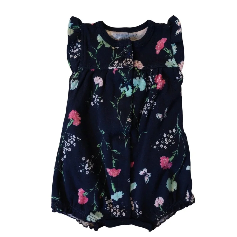 Carters Newborn Girl Navy Blue Floral Butterfly Flutter Sleeve Romper Bodysuit